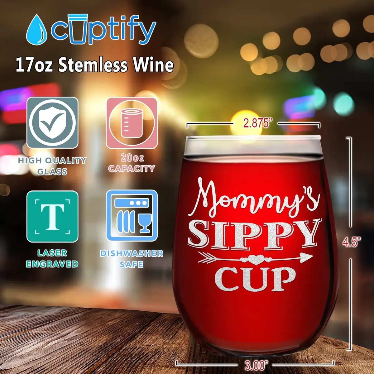 Cuptify Mommy's Sippy Cup Stemless Wine Glass 503ml (17 fl oz) | Laser Etched Heart Arrow Design - view 2