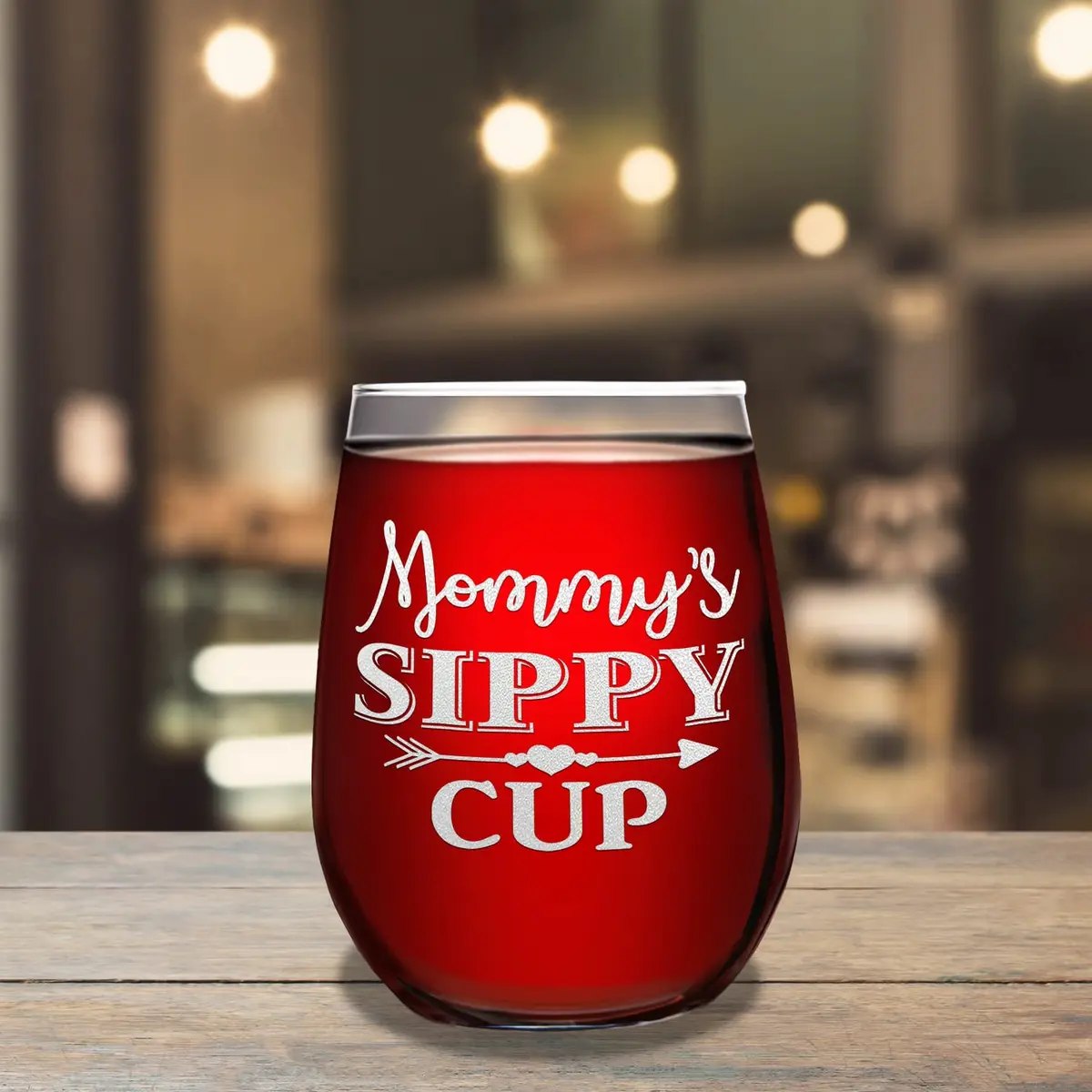 Cuptify Mommy's Sippy Cup Stemless Wine Glass 503ml (17 fl oz) | Laser Etched Heart Arrow Design - view 3