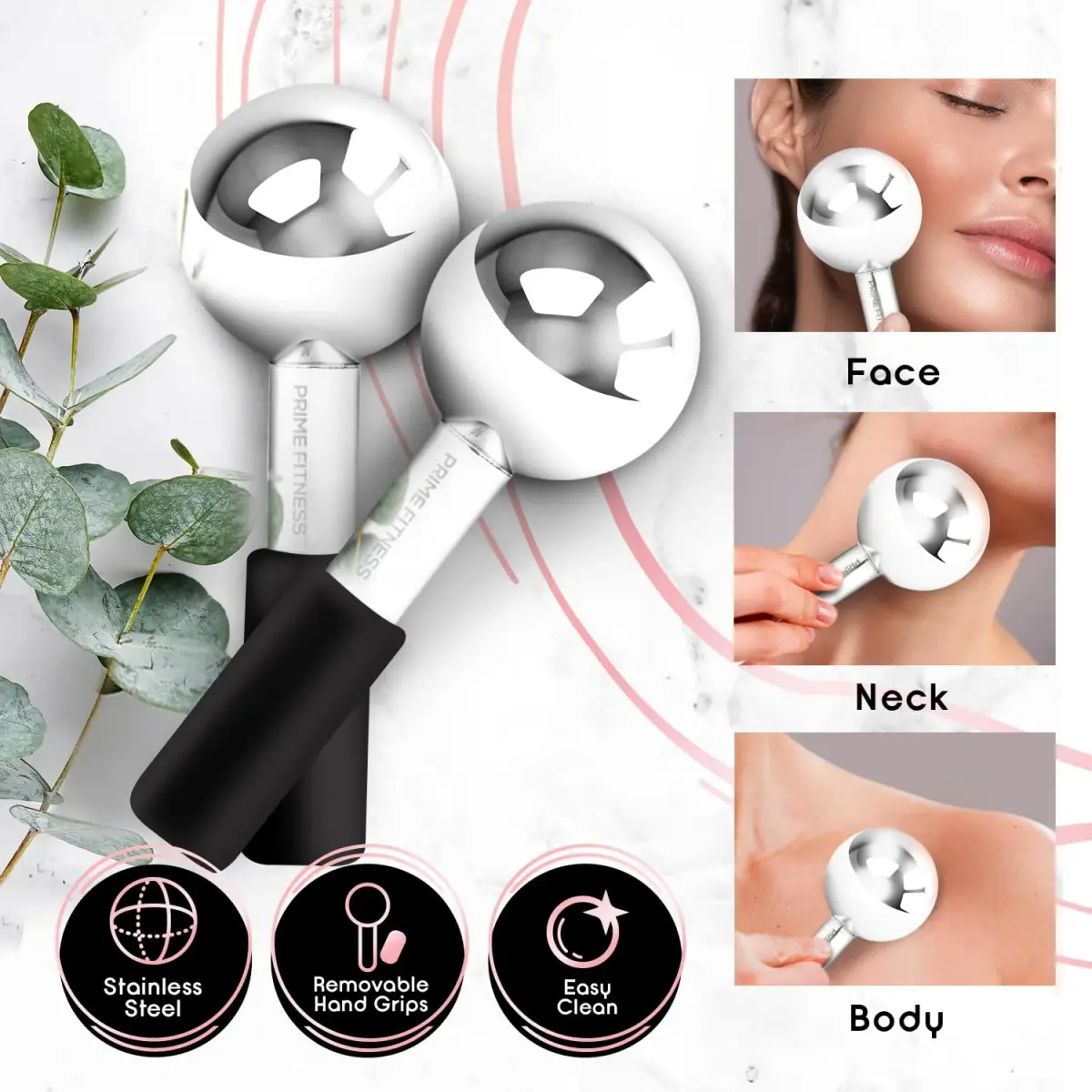 PRIME Fitness Ice Globes for Facials | Unbreakable Steel Cooling Roller | Cryo Sticks for Face Massager 2 Count (Black) - view 2