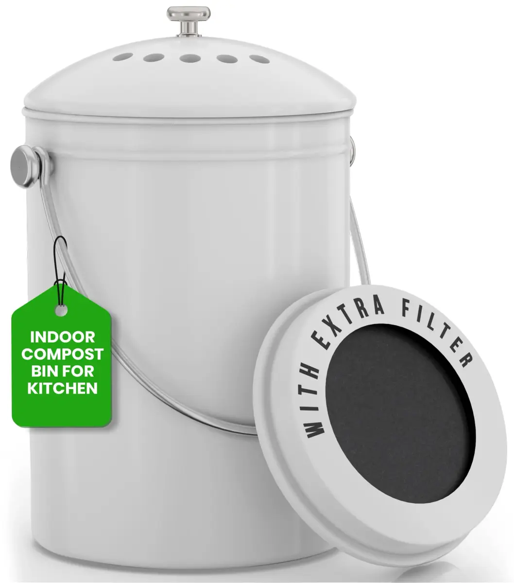 Utopia Kitchen Countertop Compost Bin 1.3 Gallon (4.9L) Stainless Steel White | Odorless Kitchen Waste Composter - main product image
