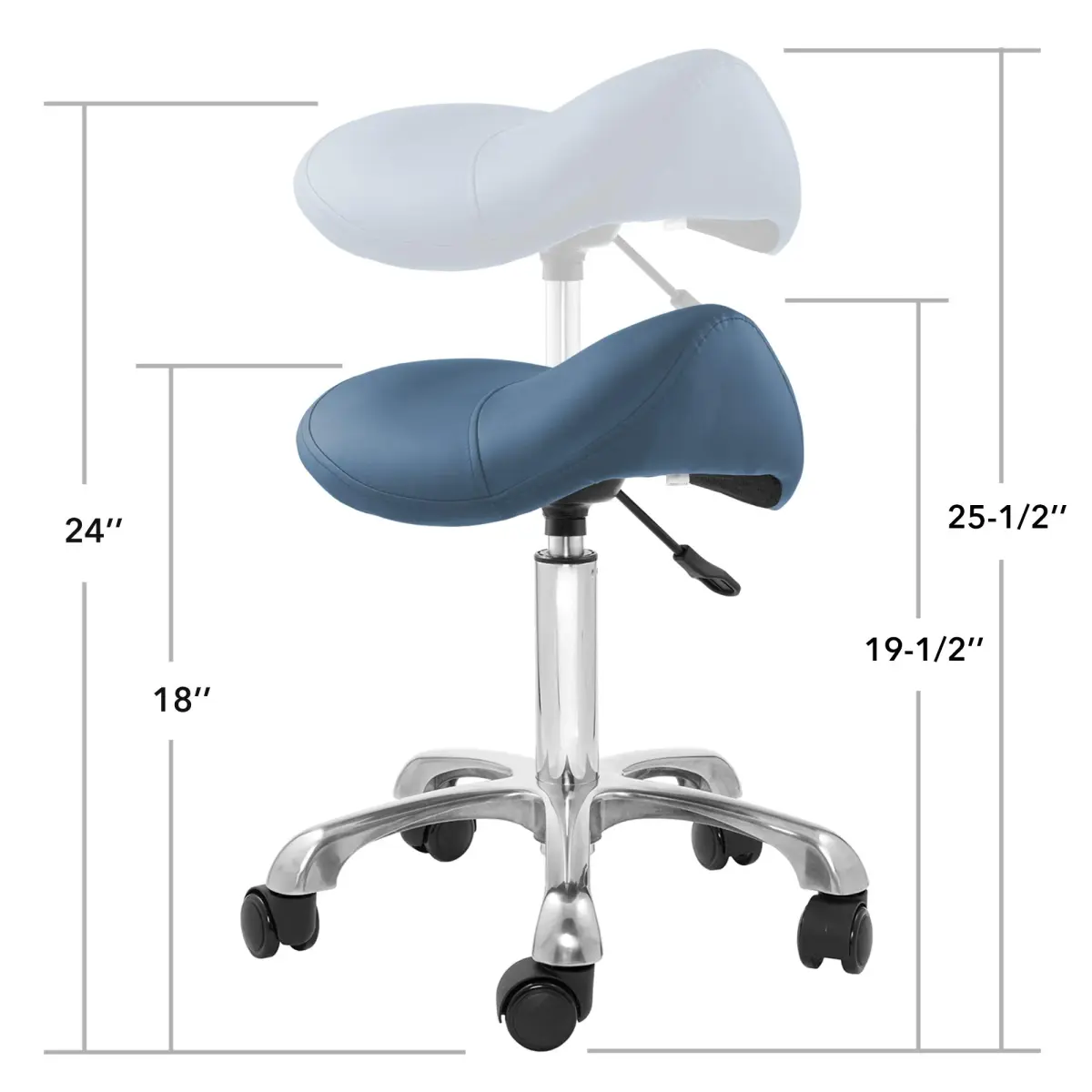 Saloniture Professional Ergonomic Saddle Stool Blue | 18-24 in (45.7-61 cm) Adjustable Height Rolling Chair - view 5