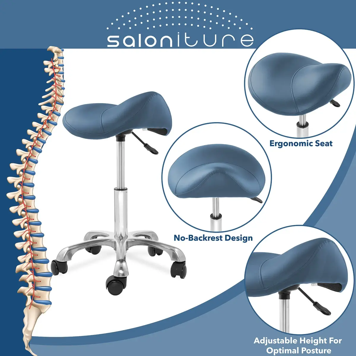 Saloniture Professional Ergonomic Saddle Stool Blue | 18-24 in (45.7-61 cm) Adjustable Height Rolling Chair - view 2