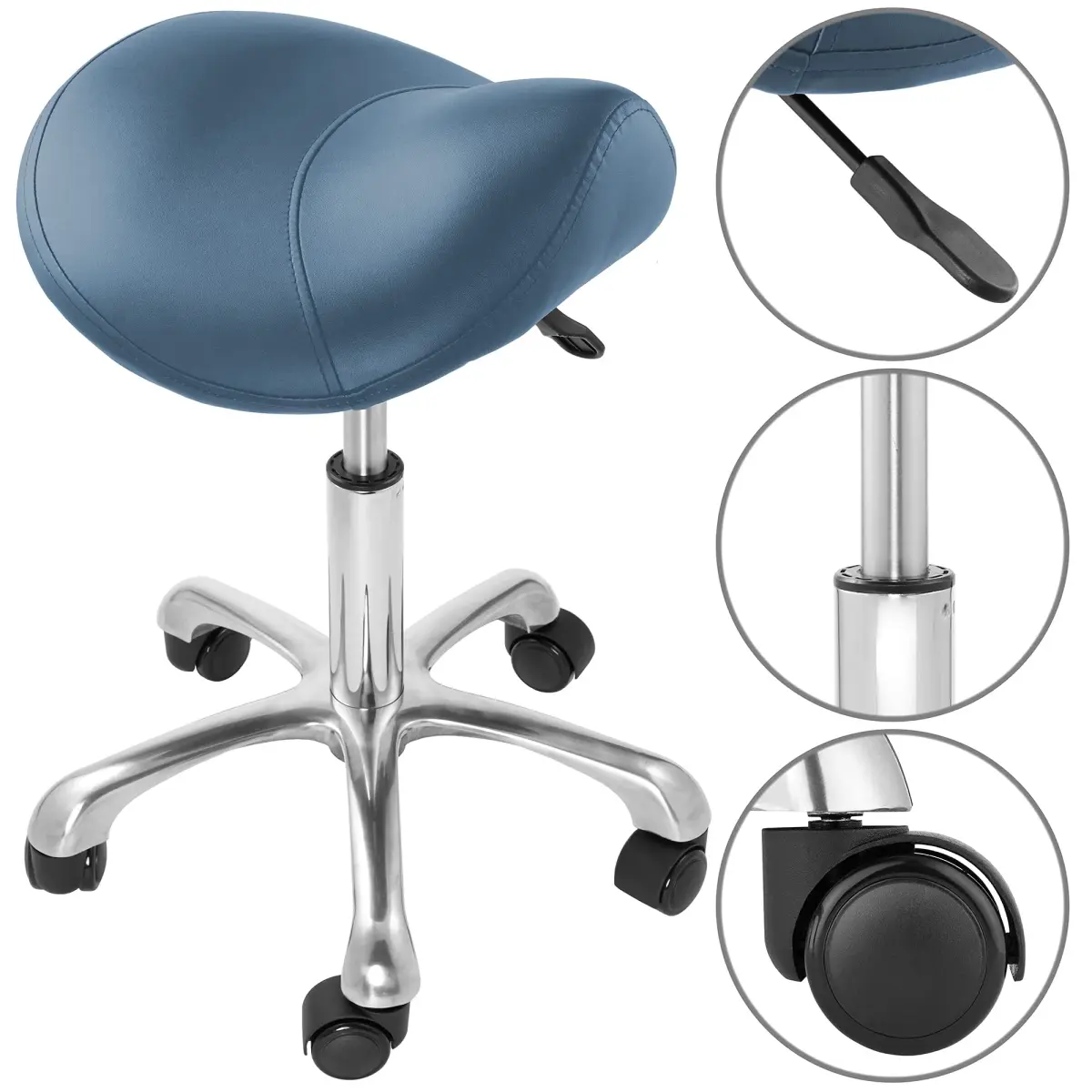 Saloniture Professional Ergonomic Saddle Stool Blue | 18-24 in (45.7-61 cm) Adjustable Height Rolling Chair - view 4