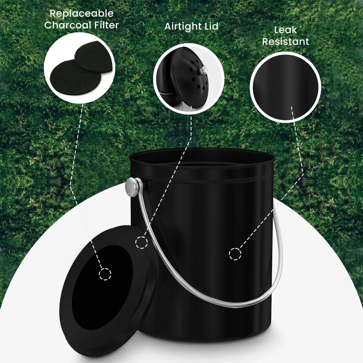 Utopia Kitchen Countertop Compost Bin 1.3 Gallon (4.9L) Stainless Steel Black | Odorless Kitchen Waste Composter - view 5