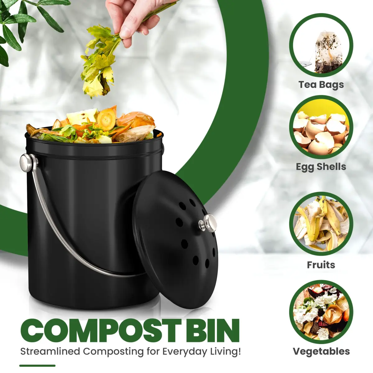 Utopia Kitchen Countertop Compost Bin 1.3 Gallon (4.9L) Stainless Steel Black | Odorless Kitchen Waste Composter - view 4