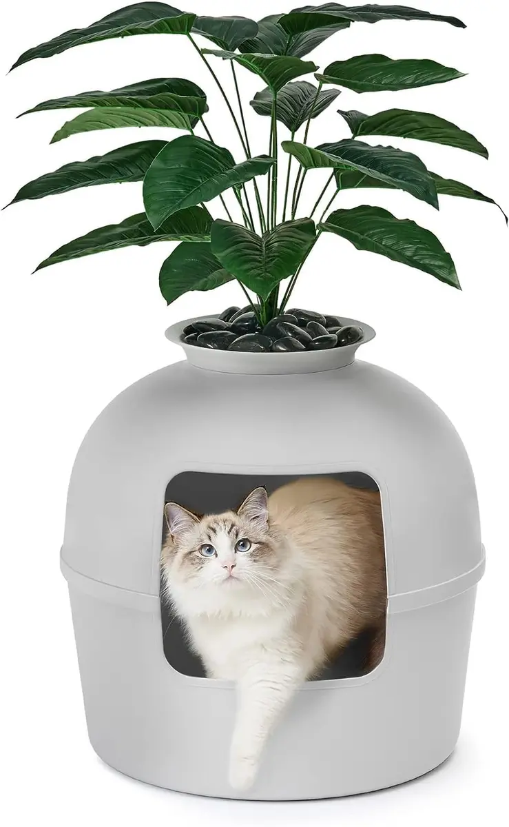 Bundle & Bliss Secret Litter Box - Hidden Cat Enclosure, Odor Control, Faux Plant, Carbon Filter, Real Stones, Soft Grey | Large - main product image