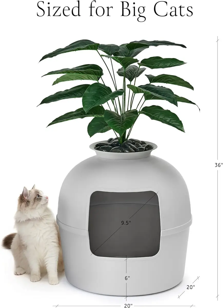 Bundle & Bliss Secret Litter Box - Hidden Cat Enclosure, Odor Control, Faux Plant, Carbon Filter, Real Stones, Soft Grey | Large - view 6