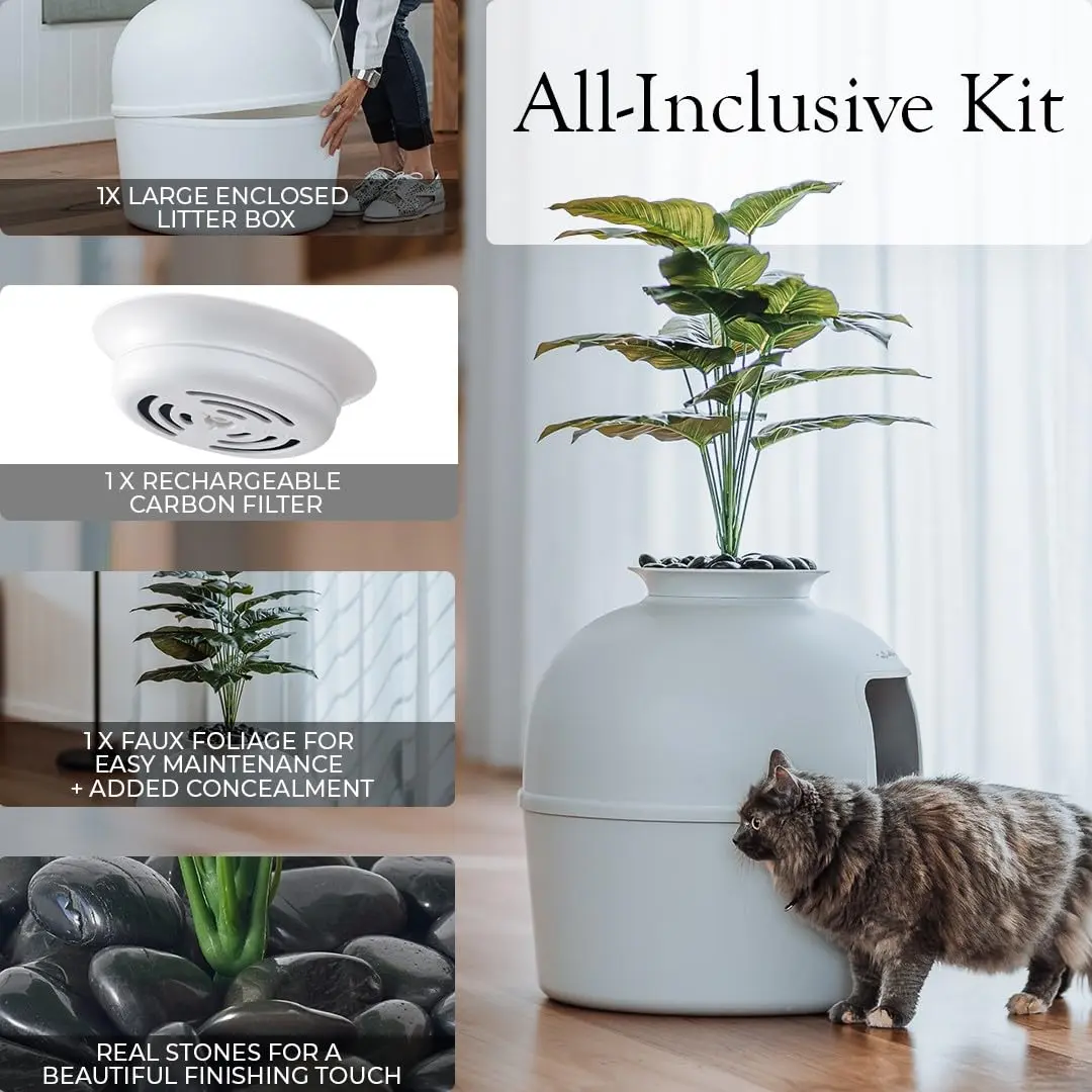 Bundle & Bliss Secret Litter Box - Hidden Cat Enclosure, Odor Control, Faux Plant, Carbon Filter, Real Stones, Soft Grey | Large - view 7