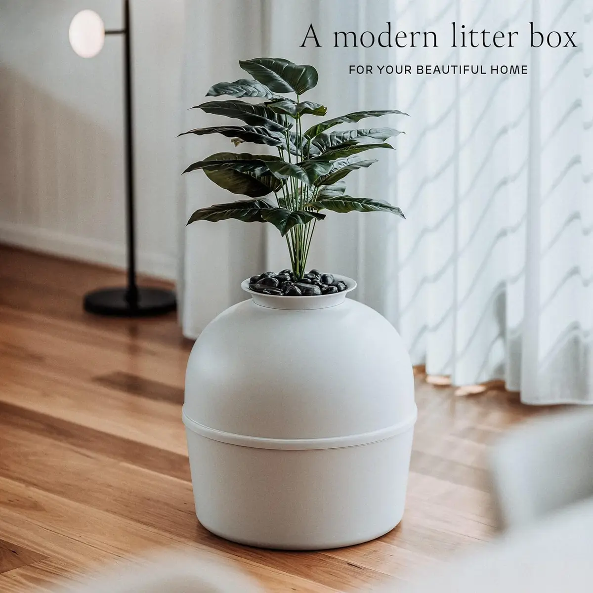 Bundle & Bliss Secret Litter Box - Hidden Cat Enclosure, Odor Control, Faux Plant, Carbon Filter, Real Stones, Soft Grey | Large - view 2