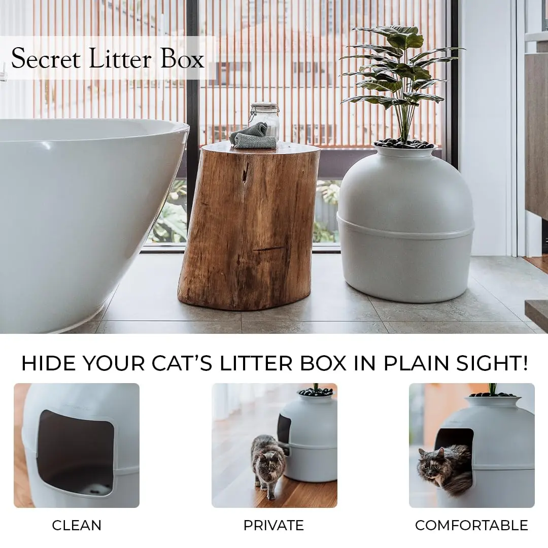 Bundle & Bliss Secret Litter Box - Hidden Cat Enclosure, Odor Control, Faux Plant, Carbon Filter, Real Stones, Soft Grey | Large - view 3