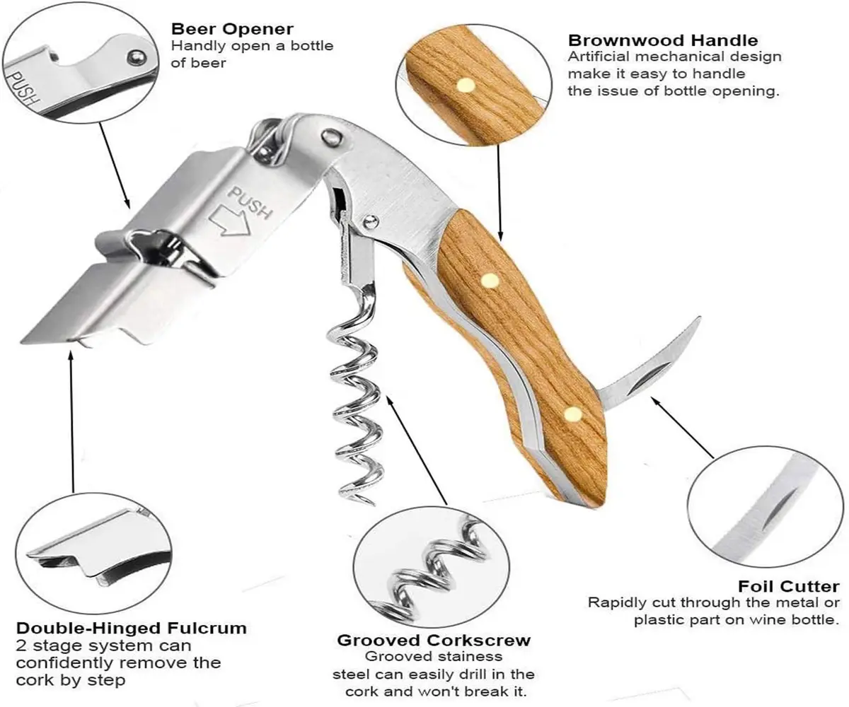 Kit-Home Professional Waiter Corkscrew Wine Opener Set of 3 | Stainless Steel & Rosewood Handle (90g) | Bar & Restaurant Use - view 2
