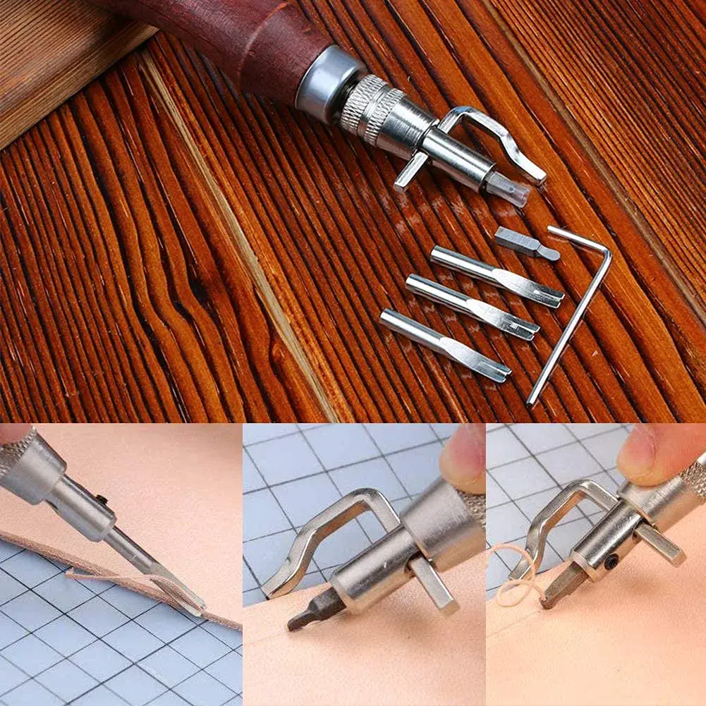 Jmuiiu 7-in-1 Leather Groover Tool Kit with Wooden Handle | Adjustable Stitching Groover for Leathercraft - view 5