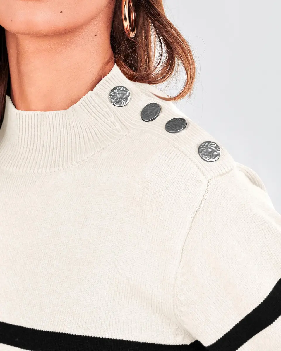 KIRUNDO Striped Turtleneck Sweater XL | Cozy Fall Knit with Metal Button - view 5
