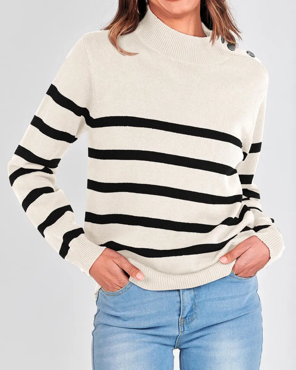 KIRUNDO Striped Turtleneck Sweater XL | Cozy Fall Knit with Metal Button - view 6