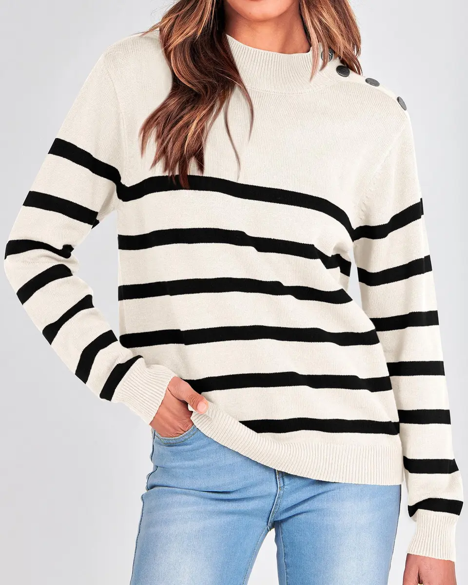 KIRUNDO Striped Turtleneck Sweater XL | Cozy Fall Knit with Metal Button - view 2