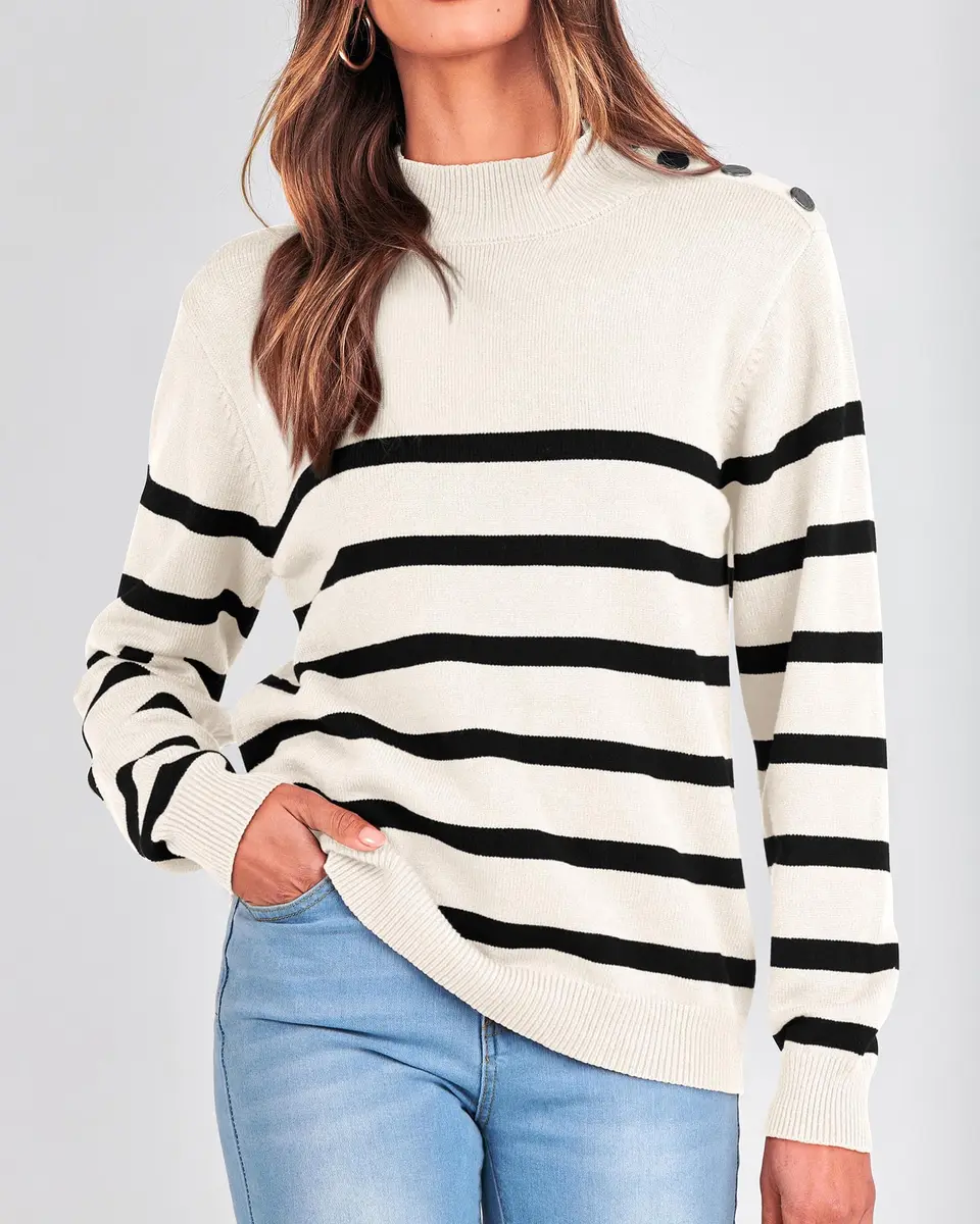 KIRUNDO Striped Turtleneck Sweater XL | Cozy Fall Knit with Metal Button - view 3