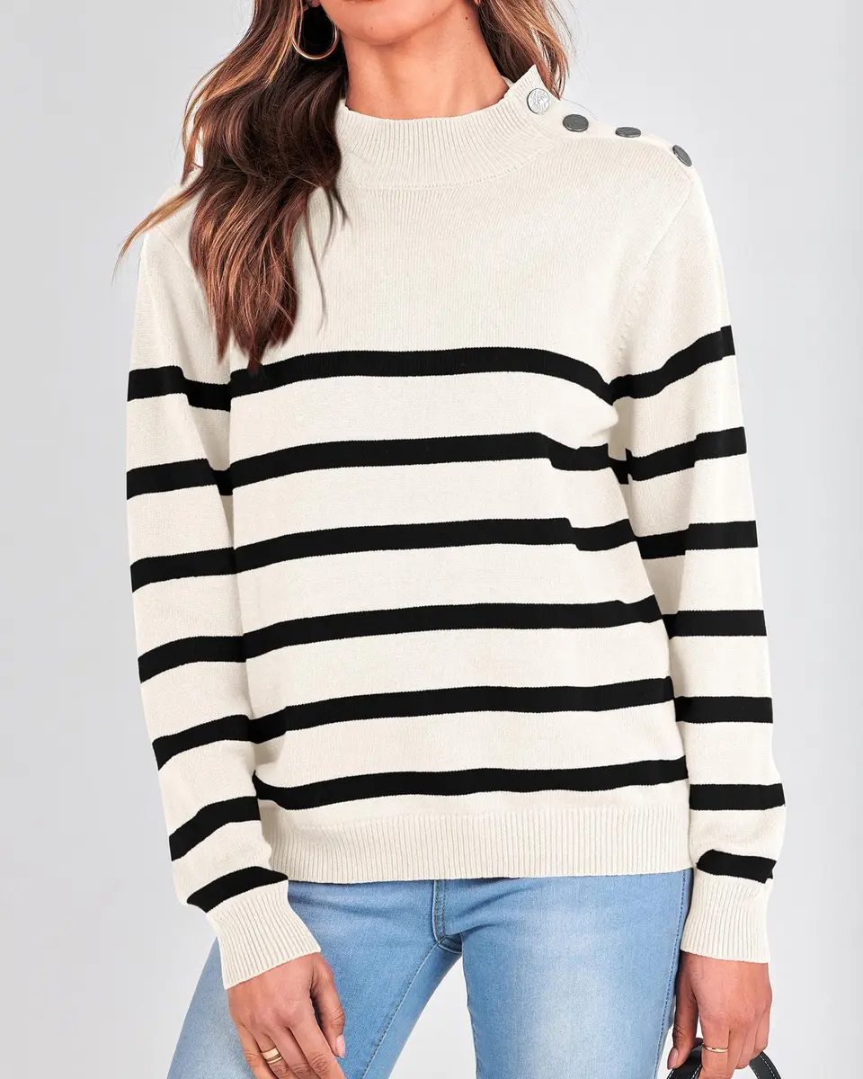 KIRUNDO Striped Turtleneck Sweater XL | Cozy Fall Knit with Metal Button - view 4