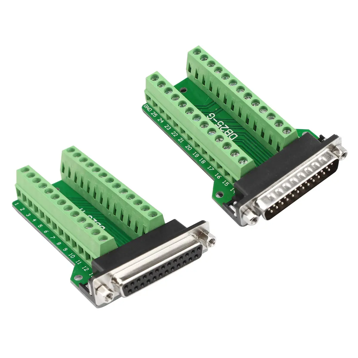 Futheda 25 Pin 2-Row DB25 Male & Female Adapter | Solderless RS232 PCB Breakout, Green - main product image