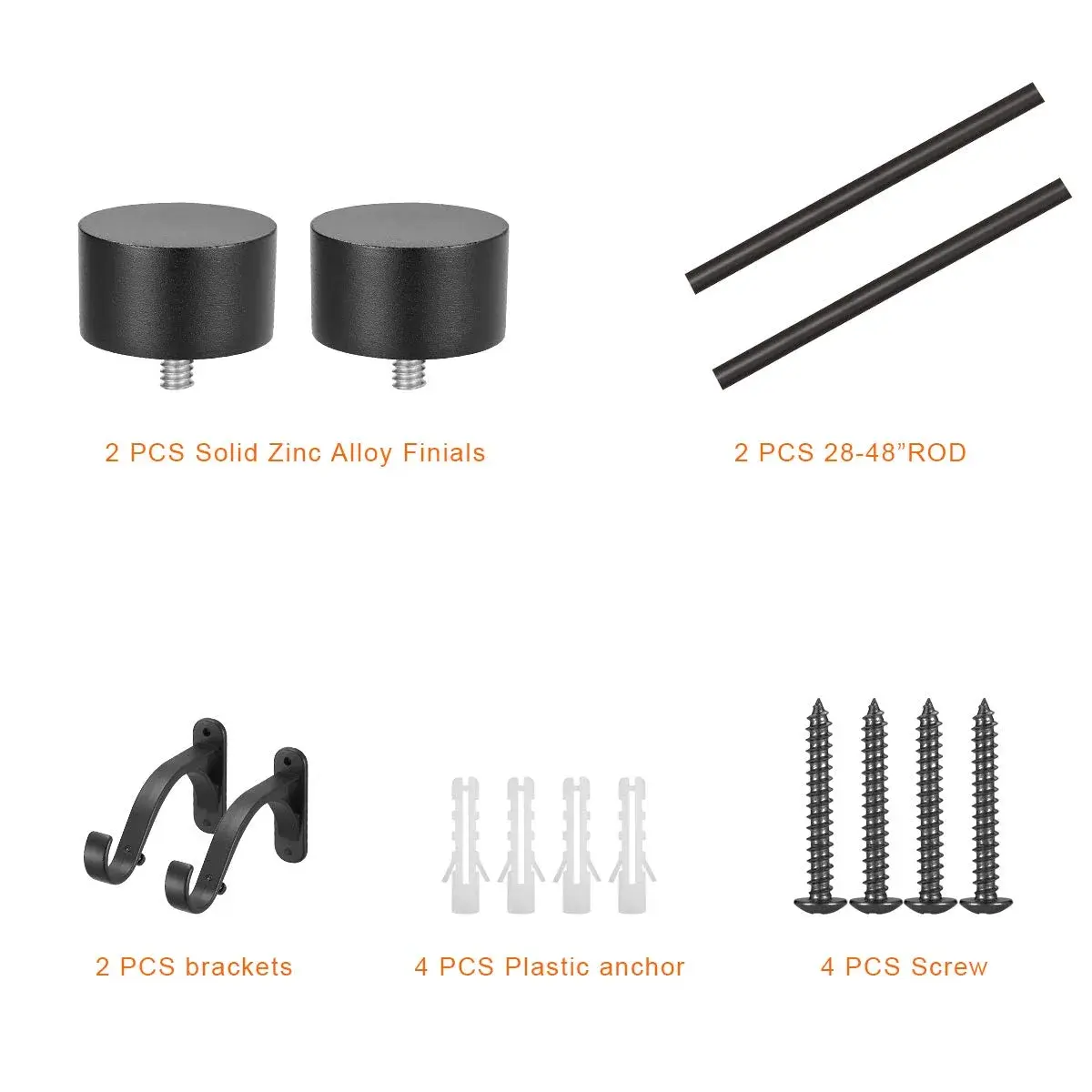 Mayrhyme 1-Inch Diameter Curtain Rod Set Matte Black 28-48" | Heavy-Duty Aluminum Brackets & Finials for Windows - view 3