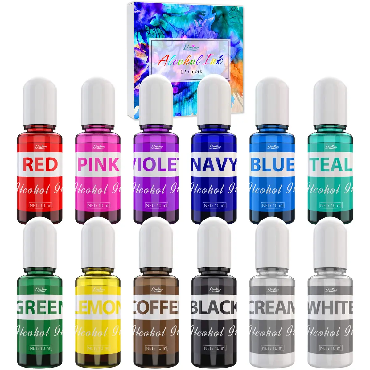 Limino Alcohol Ink Set 12 Colors 10ml Each | Vibrant Alcohol-Based Ink for Resin Art & Painting - main product image