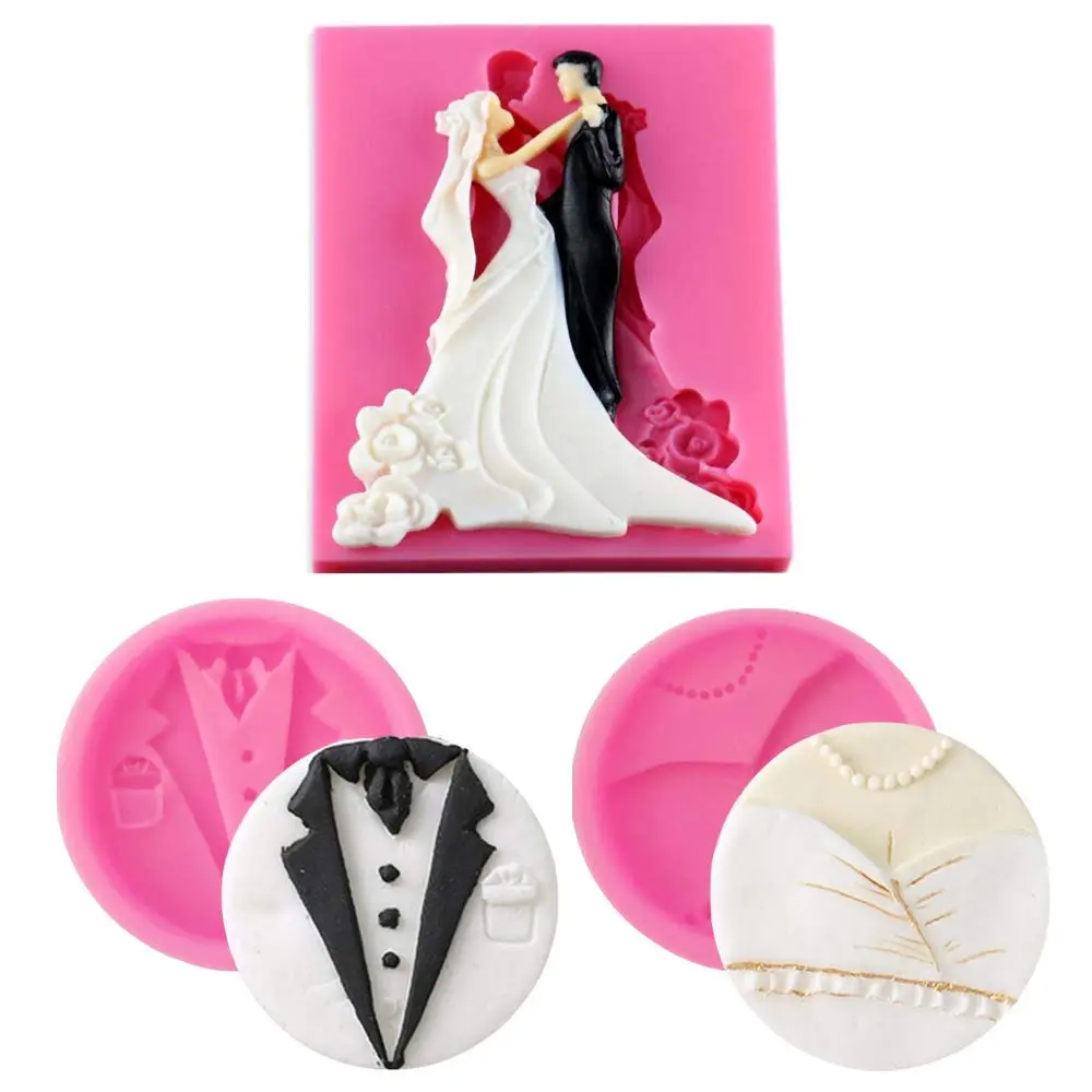 MoldFun Bride and Groom Fondant Mold Set - Tuxedo Wedding Cake Topper Food-Grade Silicone (Pink/Gray) | Non-Stick & Easy Release - main product image
