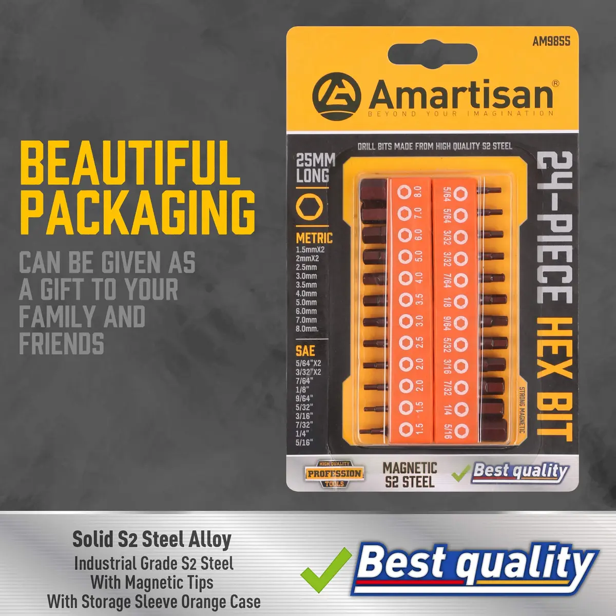Amartisan 20-Piece Hex Head Allen Wrench Drill Bit Set, Metric & SAE, S2 Steel, Magnetic Tips, 2.3" Long, Storage Box - view 4