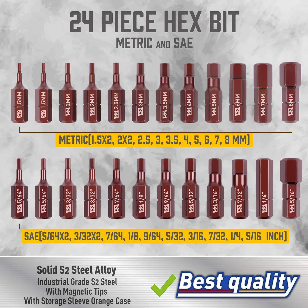Amartisan 20-Piece Hex Head Allen Wrench Drill Bit Set, Metric & SAE, S2 Steel, Magnetic Tips, 2.3" Long, Storage Box - view 3
