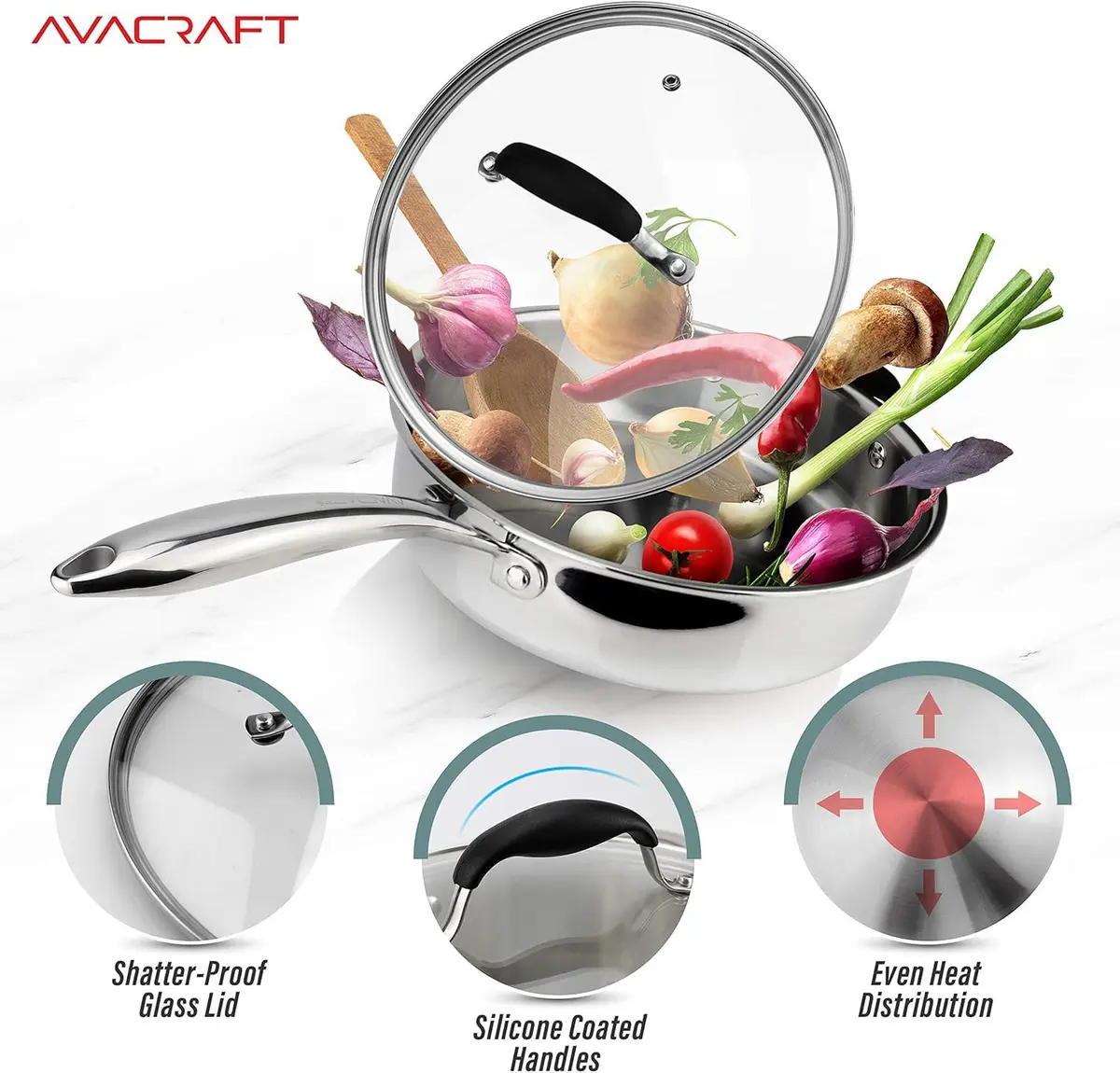 AVACRAFT 3.5 Quart Tri-Ply Stainless Steel Sauté Pan with Lid | Induction Compatible, Oven Safe, Dishwasher Safe - view 5