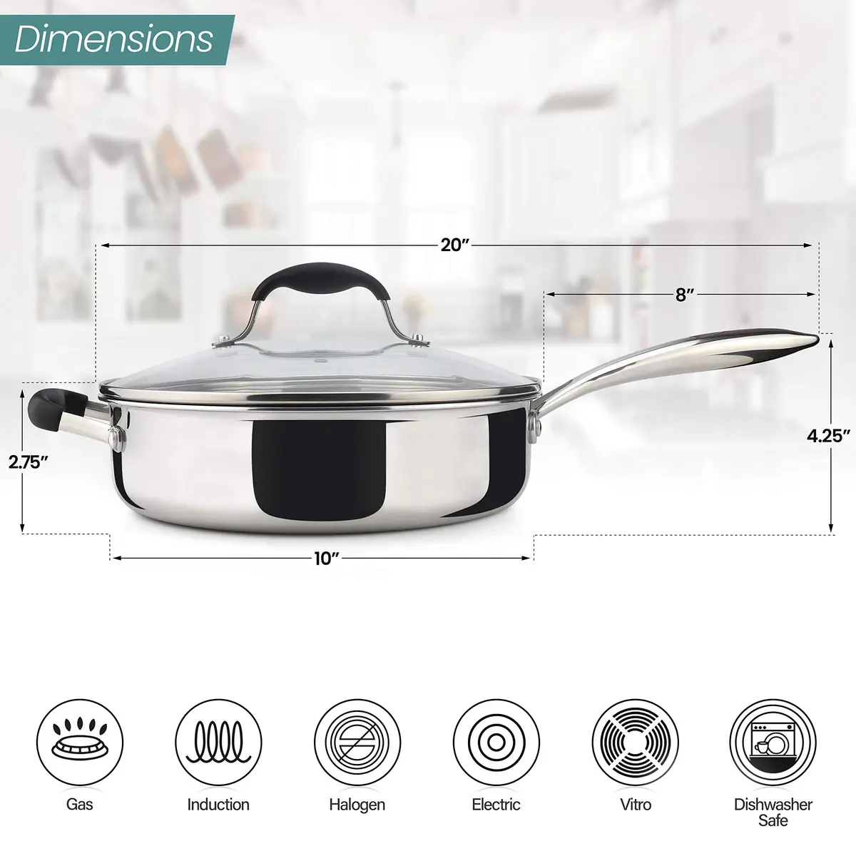 AVACRAFT 3.5 Quart Tri-Ply Stainless Steel Sauté Pan with Lid | Induction Compatible, Oven Safe, Dishwasher Safe - view 2