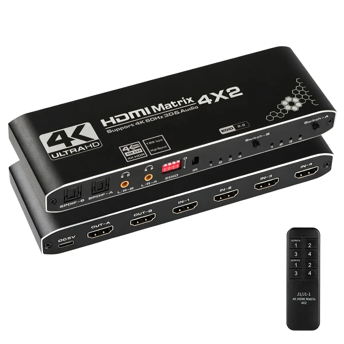 Anber-Tech HDMI Matrix 4x2 Switcher Splitter 4K@60Hz HDR 3D | 4K HDR HDMI 2.0b HDCP 2.2 - main product image