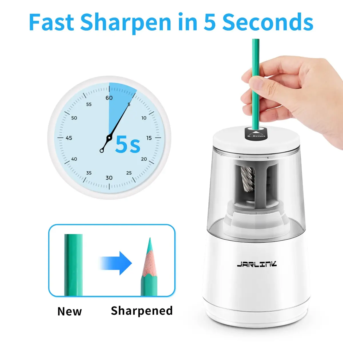JARLINK Electric Pencil Sharpener Heavy Duty Helical Blade Auto Stop 16.2 cm (5.2" x 3.2" x 3.2") | Sharpens Pencils in 5-10 Seconds - view 2