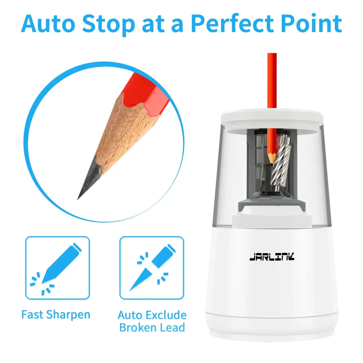 JARLINK Electric Pencil Sharpener Heavy Duty Helical Blade Auto Stop 16.2 cm (5.2" x 3.2" x 3.2") | Sharpens Pencils in 5-10 Seconds - view 3