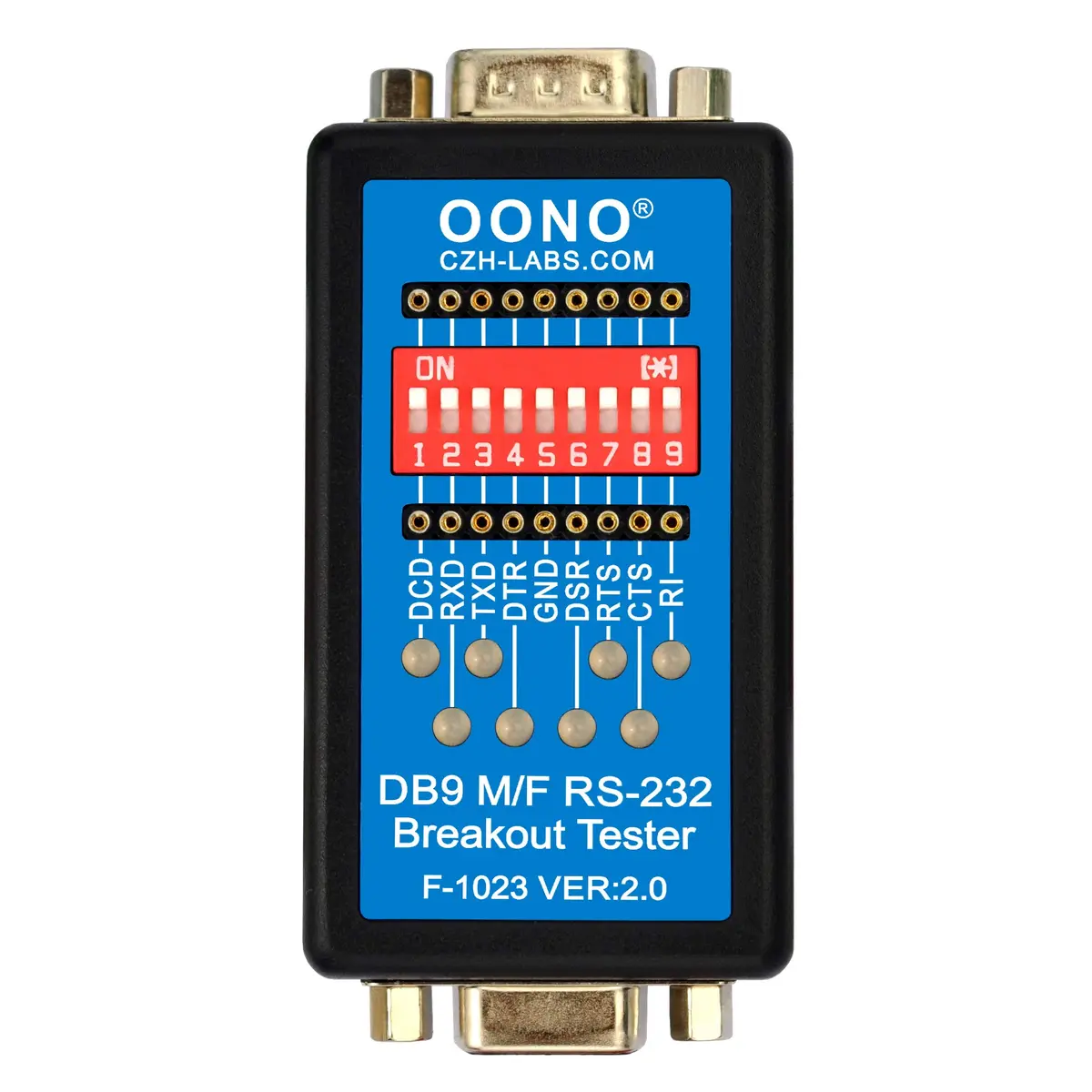 OONO RS232 Breakout Tester LED Monitor, DB9 Male to Female | Serial Data Link Test Device - main product image