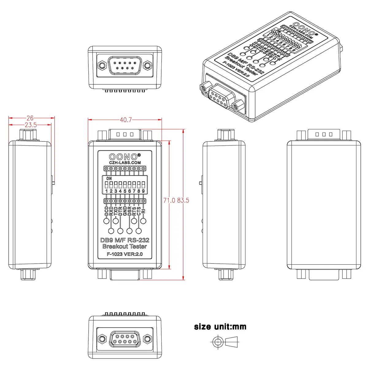 OONO RS232 Breakout Tester LED Monitor, DB9 Male to Female | Serial Data Link Test Device - view 6