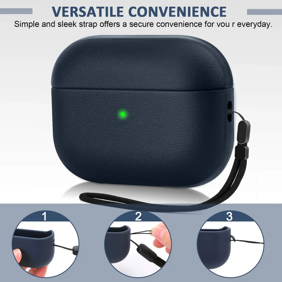 JIELIELE Leather Texture Full-Body Protective Case for Airpods Pro | Wireless Charging & Front LED Visible (Navy Blue) - view 5