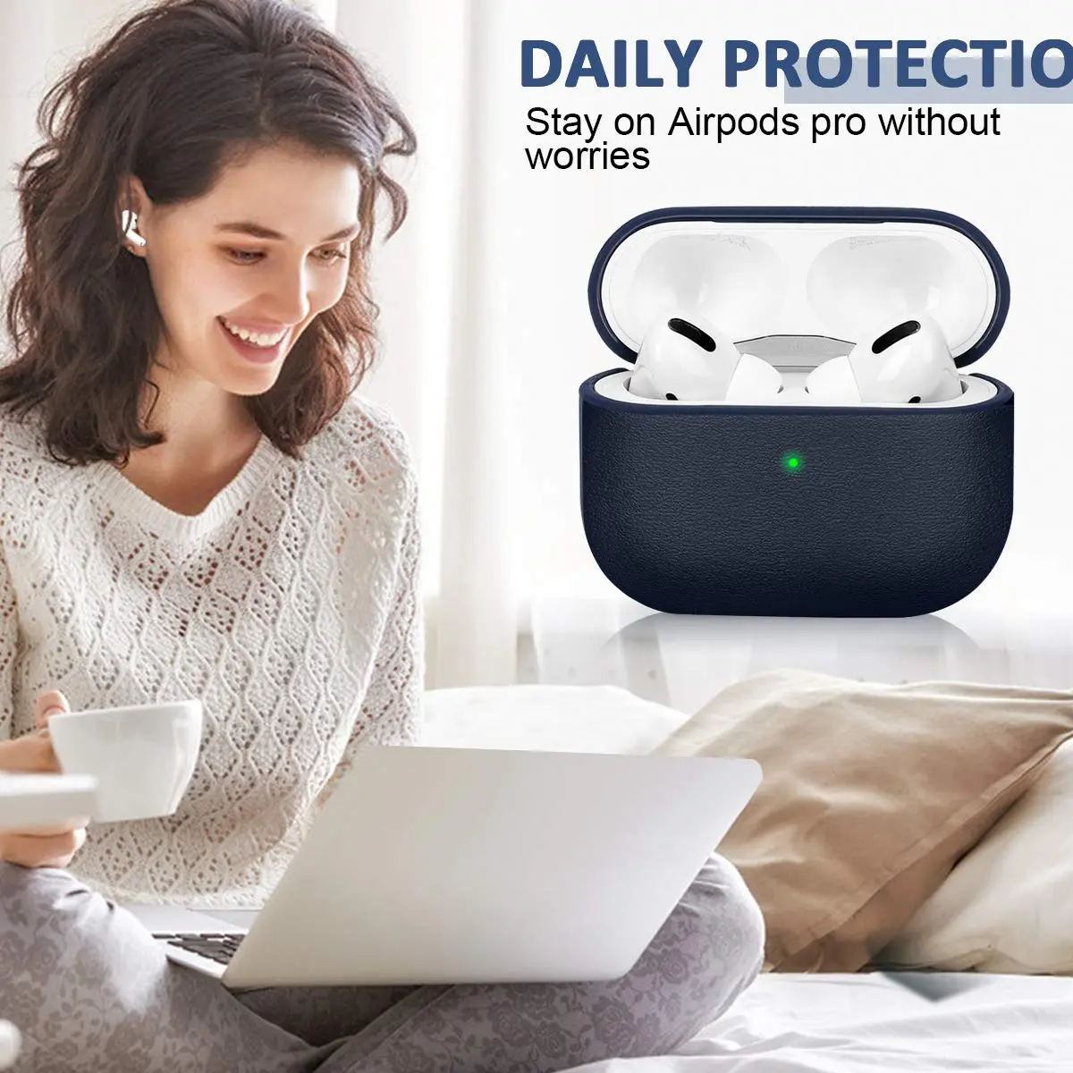 JIELIELE Leather Texture Full-Body Protective Case for Airpods Pro | Wireless Charging & Front LED Visible (Navy Blue) - view 6