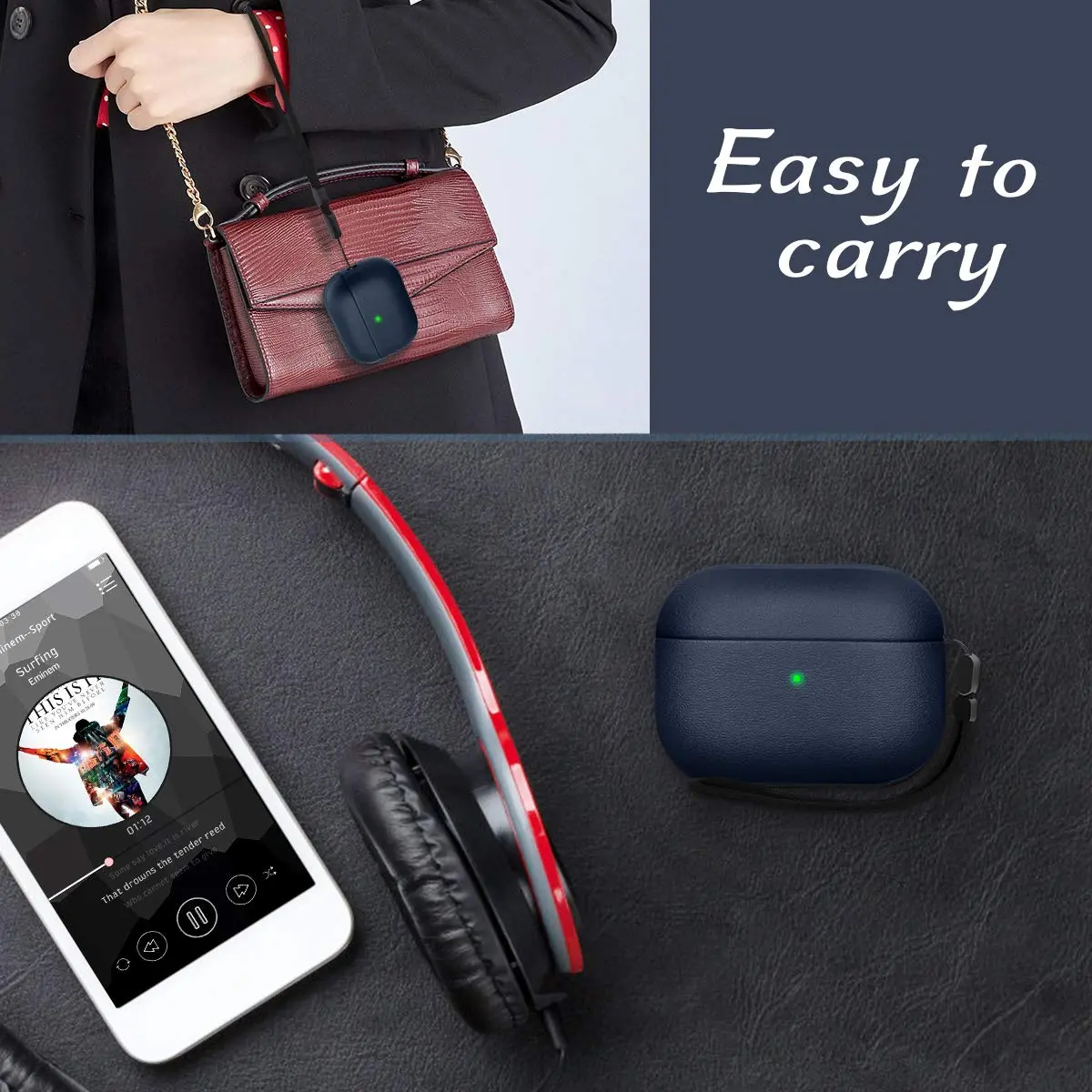 JIELIELE Leather Texture Full-Body Protective Case for Airpods Pro | Wireless Charging & Front LED Visible (Navy Blue) - view 7