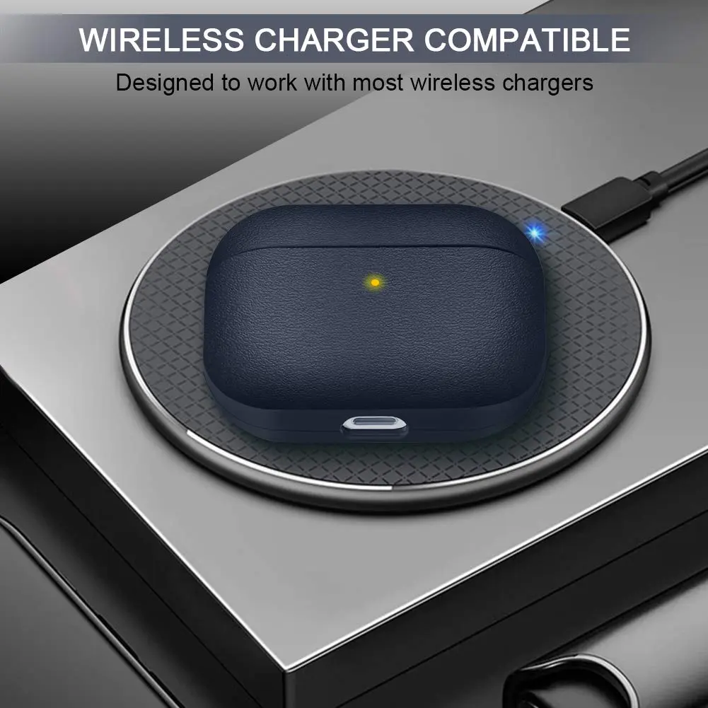 JIELIELE Leather Texture Full-Body Protective Case for Airpods Pro | Wireless Charging & Front LED Visible (Navy Blue) - view 4
