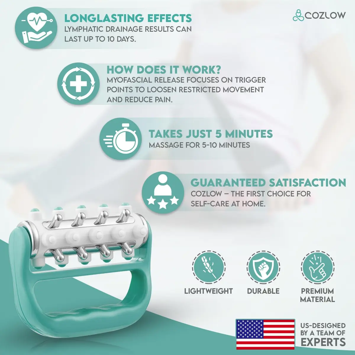 COZLOW MyoRelease Lymphatic Drainage Massager Green Handheld Roller | Targets Cellulite & Muscle Tension - view 5
