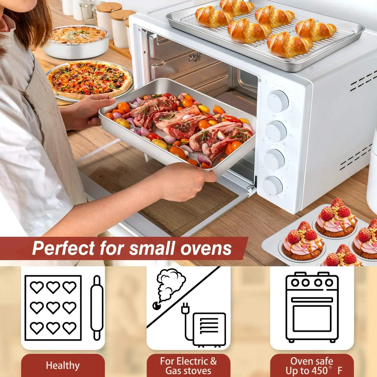 E-far Toaster Oven Bakeware Set, 6PCS Stainless Steel Small Baking Pan Set | Durable & Healthy - view 3