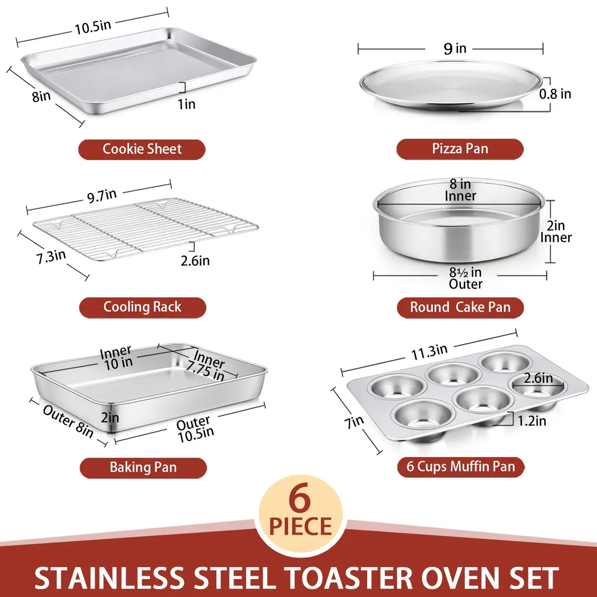E-far Toaster Oven Bakeware Set, 6PCS Stainless Steel Small Baking Pan Set | Durable & Healthy - view 4