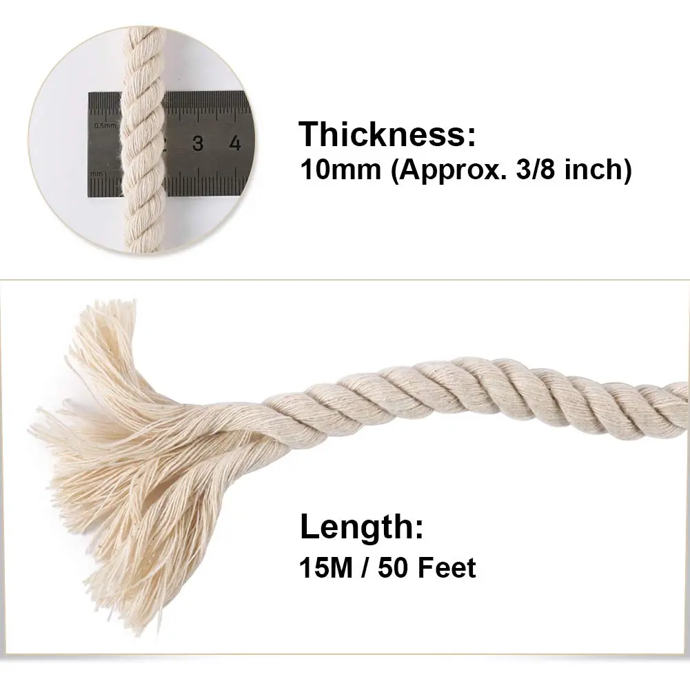 Tenn Well 10mm x 15m (50ft) Beige Triple Twist Cotton Macrame Rope | Strong & Soft for Crafts - view 3