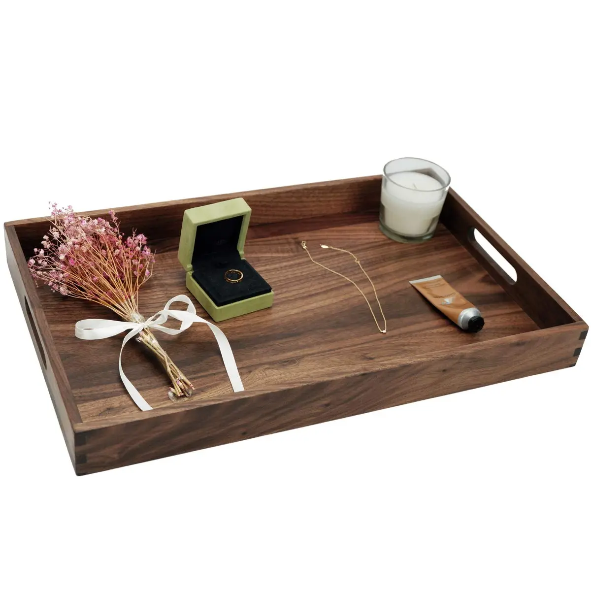 MAGIGO 20"x 12.5" Walnut Wood Rectangle Ottoman Serving Tray with Handles | Classic Vintage Design for Home Decor - view 5