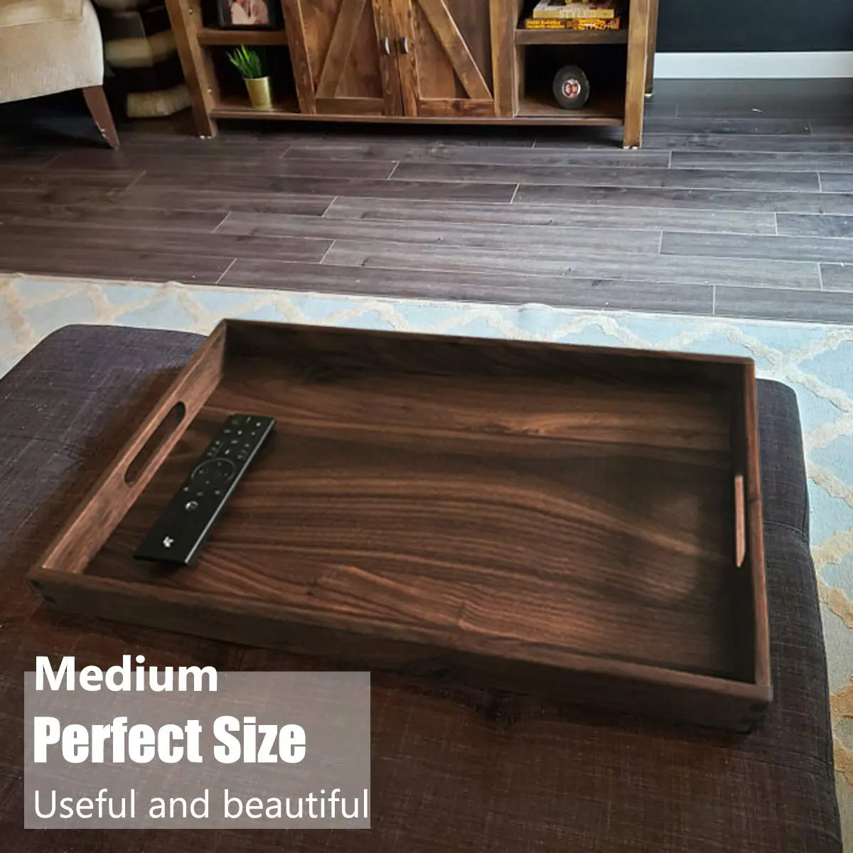 MAGIGO 20"x 12.5" Walnut Wood Rectangle Ottoman Serving Tray with Handles | Classic Vintage Design for Home Decor - view 6