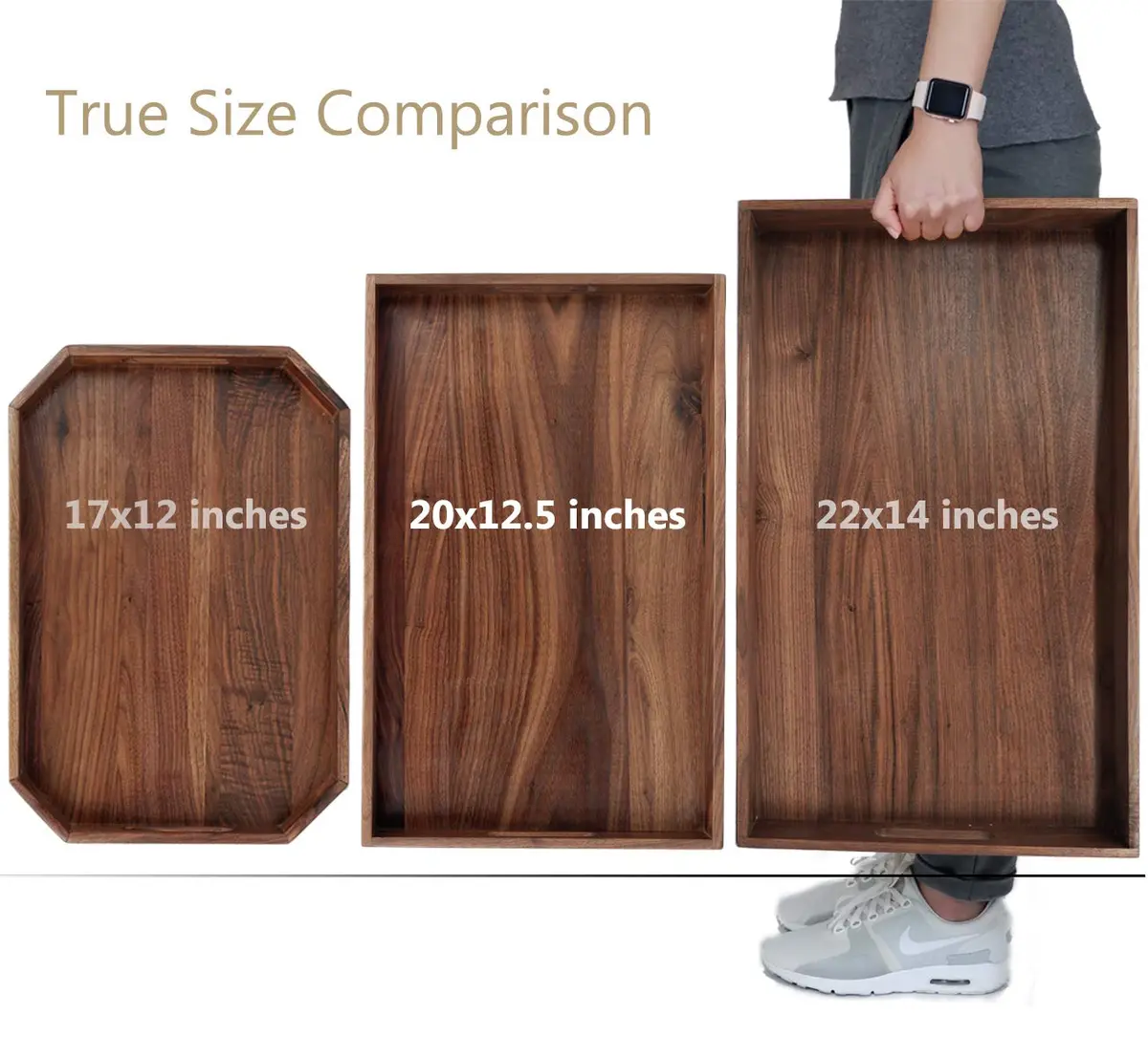 MAGIGO 20"x 12.5" Walnut Wood Rectangle Ottoman Serving Tray with Handles | Classic Vintage Design for Home Decor - view 7