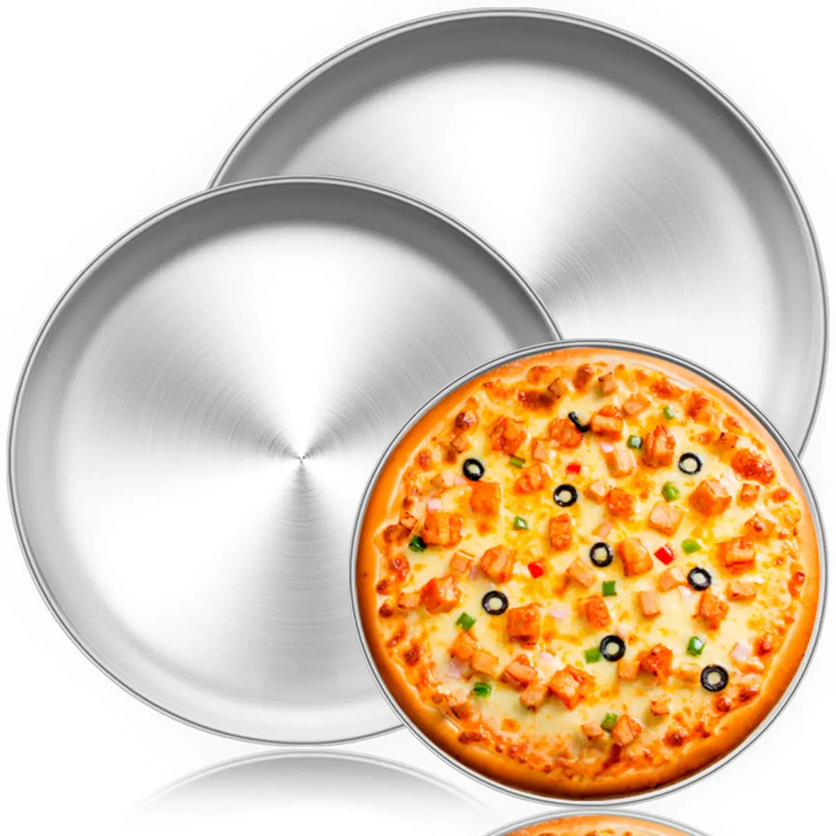 TeamFar Pizza Pan Set of 3 | Heavy Duty Stainless Steel Baking Trays for Family & Gift (10.2/11.8/13.4 Inch) - main product image