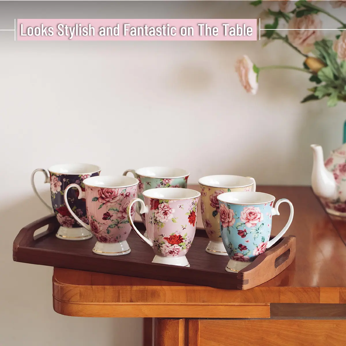 Brew To A Tea Coffee Mugs, 12 oz, Set of 6 | Floral Bone China Cups for Home & Kitchen - view 4