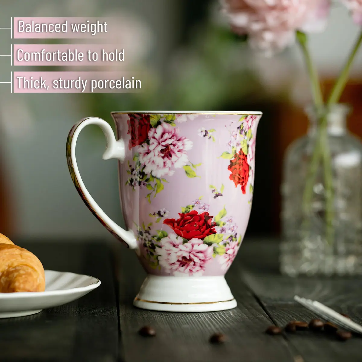 Brew To A Tea Coffee Mugs, 12 oz, Set of 6 | Floral Bone China Cups for Home & Kitchen - view 5