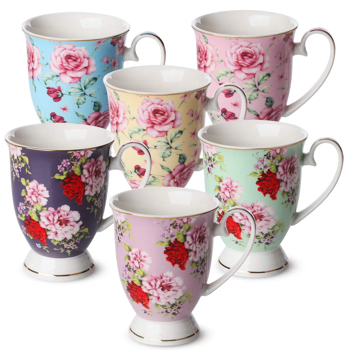 Brew To A Tea Coffee Mugs, 12 oz, Set of 6 | Floral Bone China Cups for Home & Kitchen - main product image