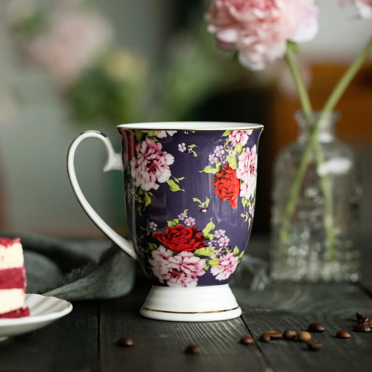 Brew To A Tea Coffee Mugs, 12 oz, Set of 6 | Floral Bone China Cups for Home & Kitchen - view 7